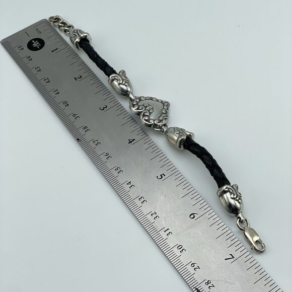 Vintage Retired Brighton Silver Tone Heart Braided Black Cord Love Bracelet - Picture 4 of 5